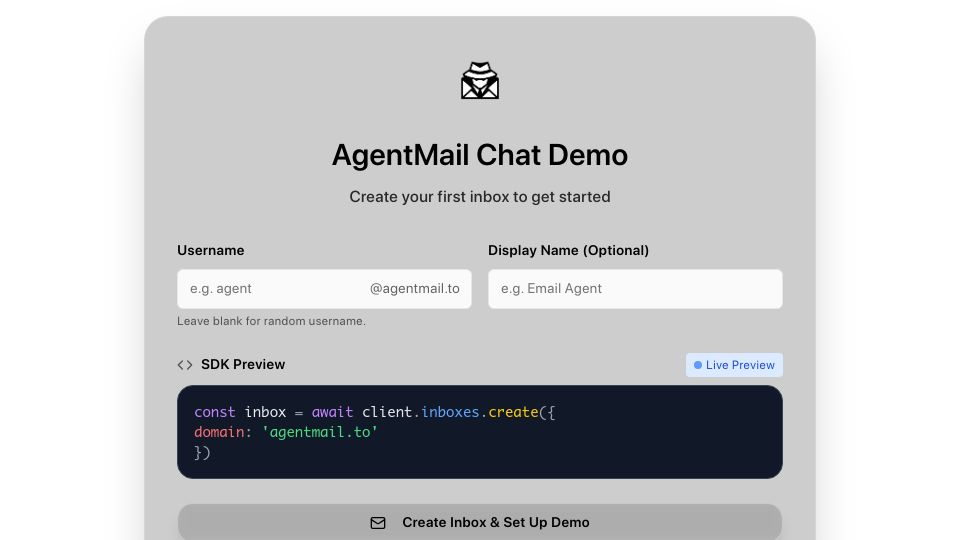 Screenshot of chat.agentmail.to: Show HN: AgentMail – Email infra for AI agents