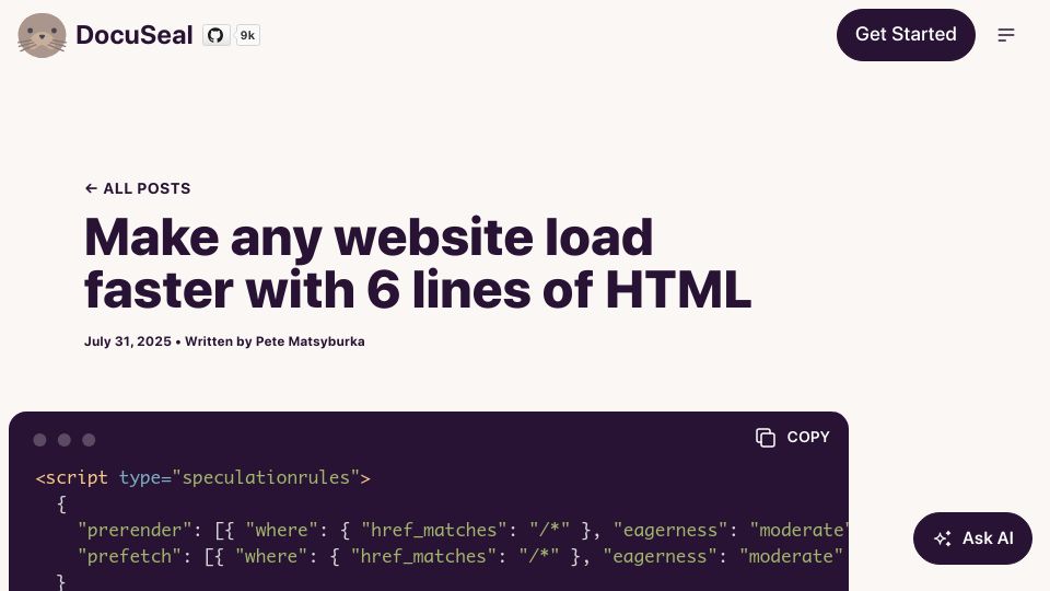 Screenshot of docuseal.com: The Chrome Speculation Rules API allows the browser to preload and prerender