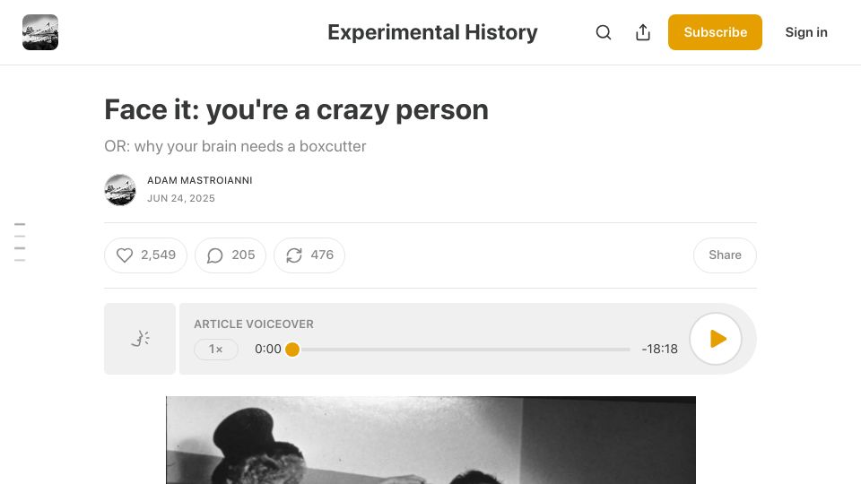 Screenshot of experimental-history.com: Face it: you're a crazy person