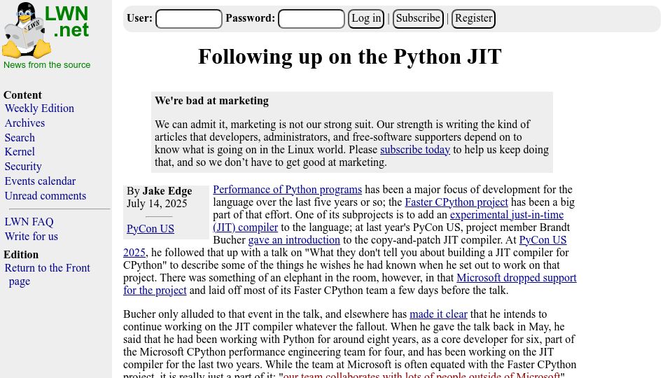 Screenshot of lwn.net: Following Up on the Python JIT