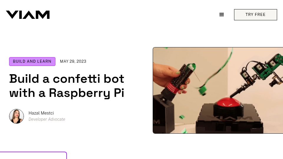Screenshot of docs.viam.com: Build a confetti bot with a Raspberry Pi (2023)