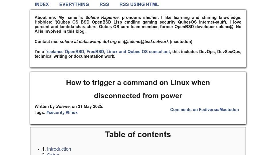 Screenshot of dataswamp.org: How to trigger a command on Linux when power switches from AC to battery