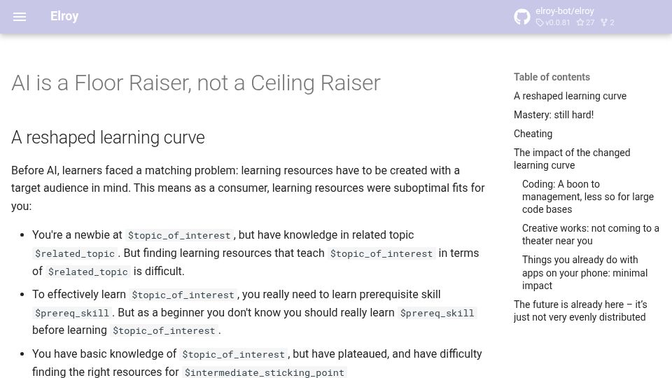 Screenshot of elroy.bot: AI is a floor raiser, not a ceiling raiser