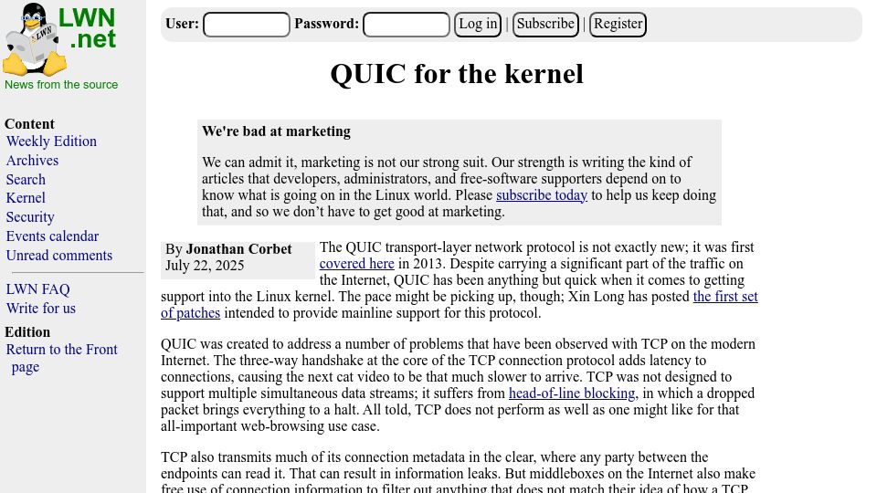 Screenshot of lwn.net: QUIC for the kernel
