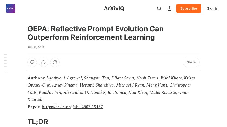 Screenshot of arxiviq.substack.com: GEPA: Reflective prompt evolution can outperform reinforcement learning