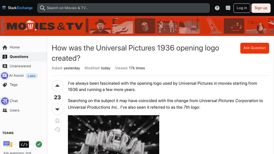 Screenshot of movies.stackexchange.com: How was the Universal Pictures 1936 opening logo created?