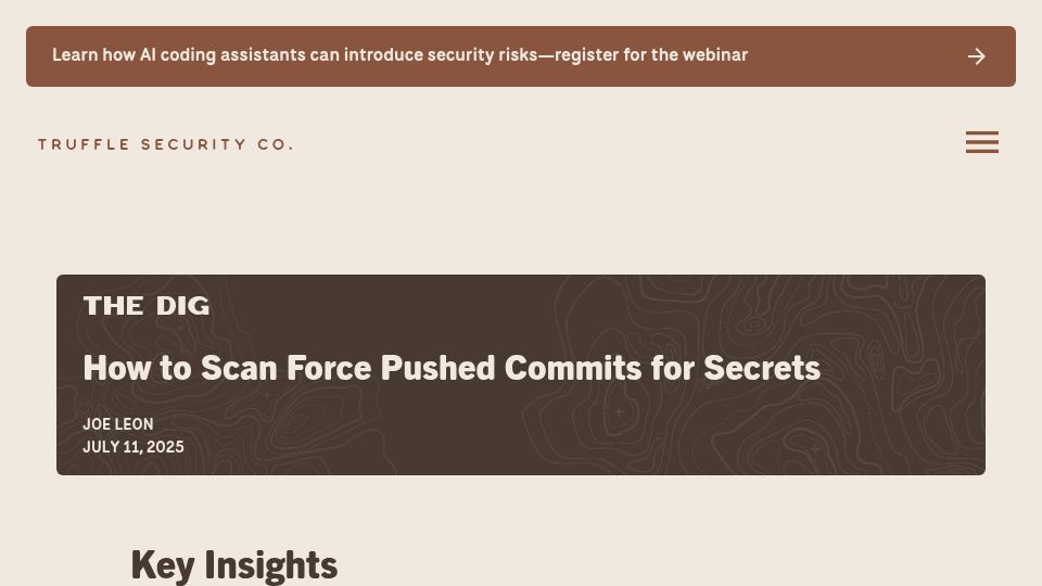 Screenshot of trufflesecurity.com: How to Scan Force Pushed Commits for Secrets
