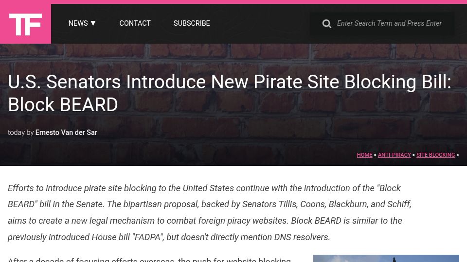 Screenshot of torrentfreak.com: U.S. senators introduce new pirate site blocking bill, "Block BEARD"