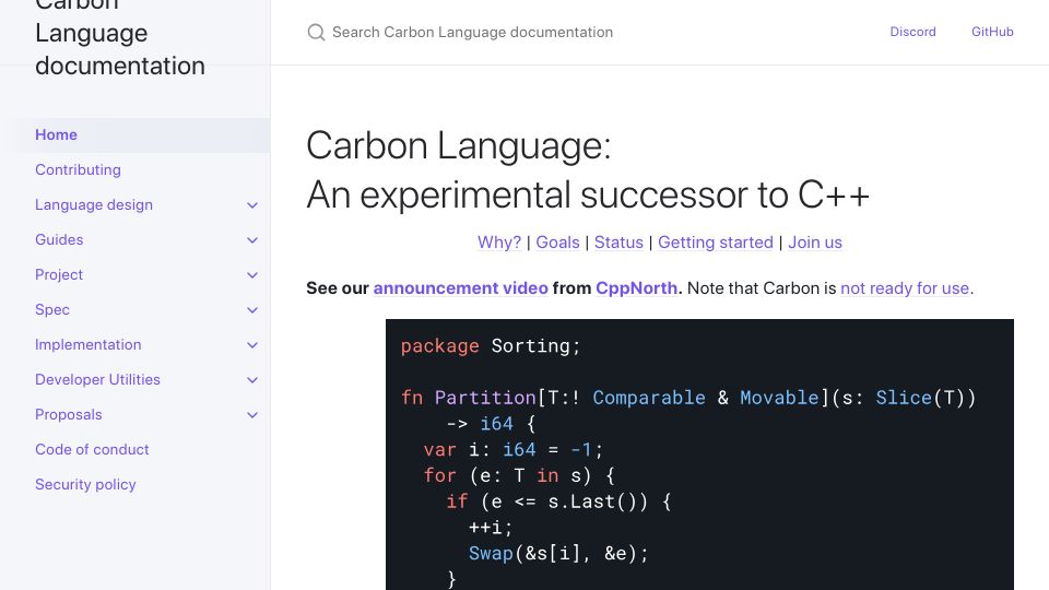 Screenshot of docs.carbon-lang.dev: Carbon Language: An experimental successor to C++
