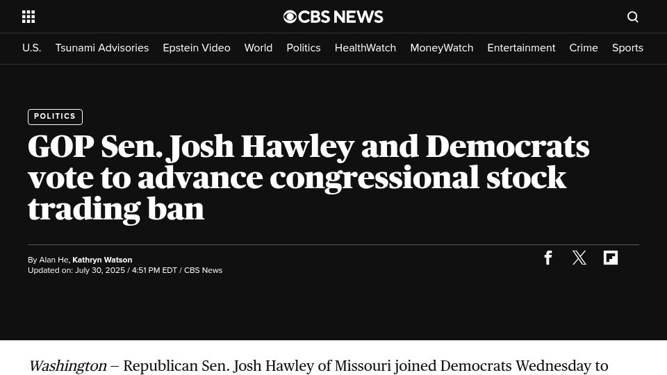 Screenshot of cbsnews.com: GOP’s Josh Hawley and Democrats vote to advance congressional stock trading ban