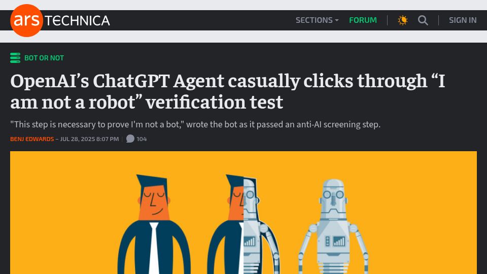 Screenshot of arstechnica.com: OpenAI's ChatGPT Agent casually clicks through "I am not a robot" verification