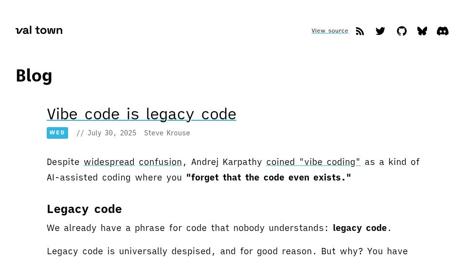 Screenshot of blog.val.town: Vibe code is legacy code