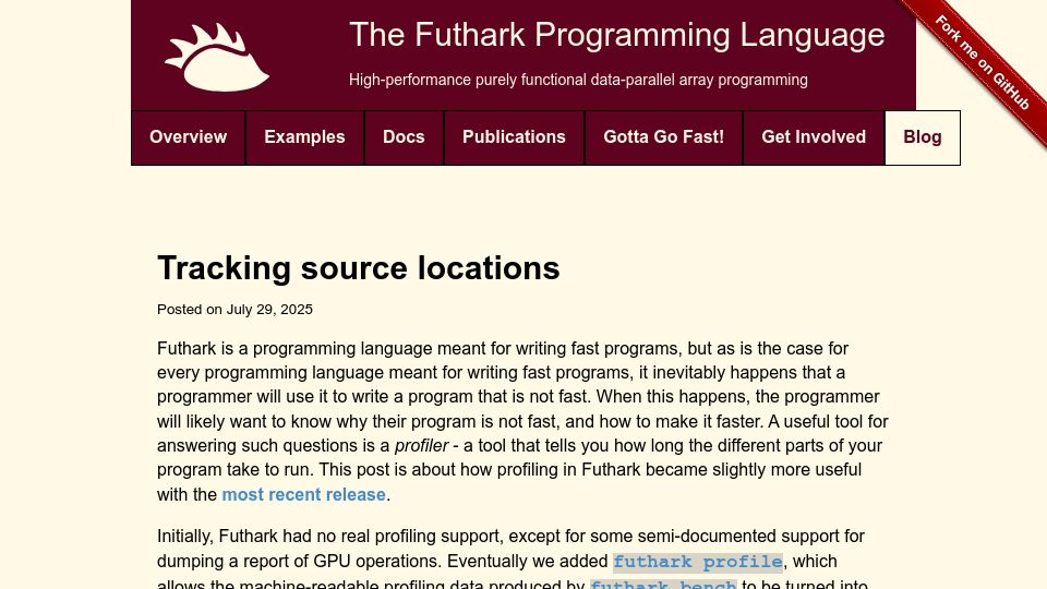 Screenshot of futhark-lang.org: Tracking source locations in the Futhark compiler
