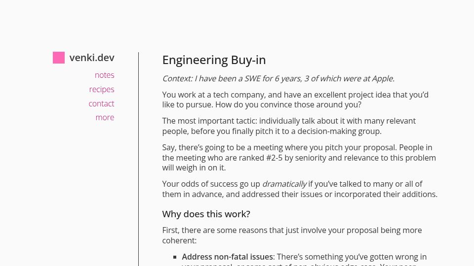 Screenshot of venki.dev: Engineering Buy-In