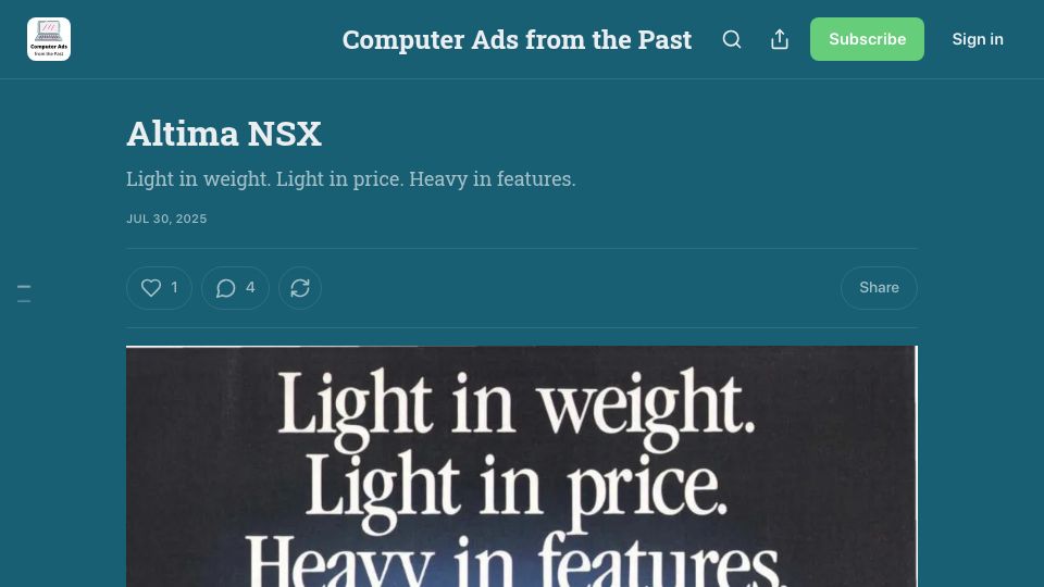 Screenshot of computeradsfromthepast.substack.com: Altima NSX