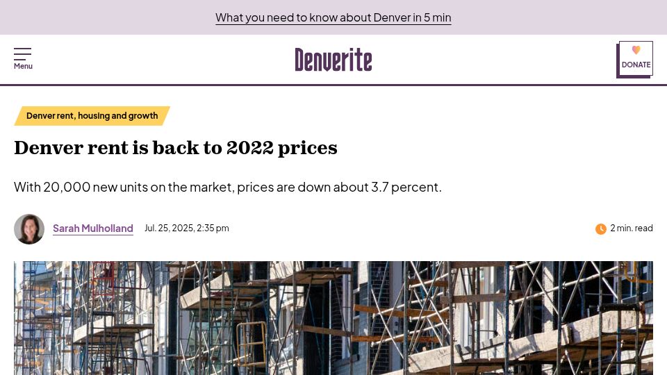Screenshot of denverite.com: Denver rent is back to 2022 prices after 20k new units hit the market
