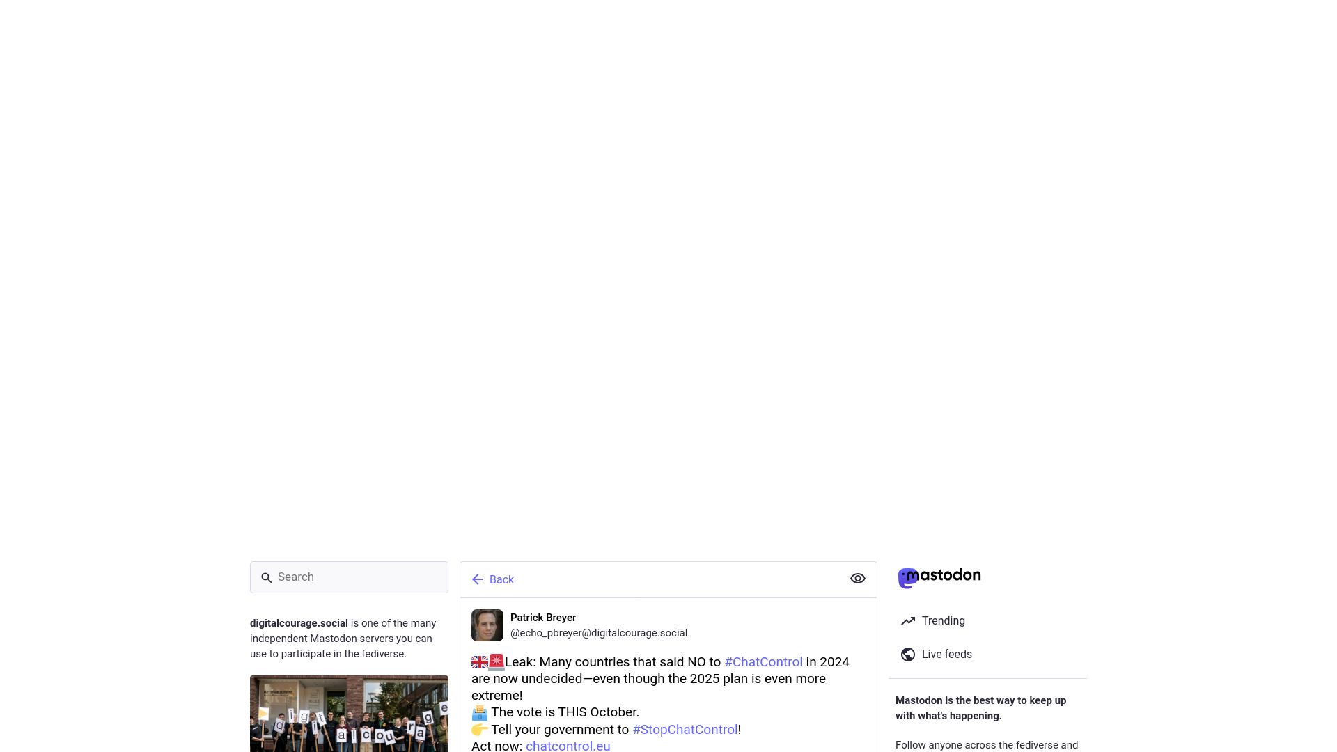 Screenshot of digitalcourage.social: Many countries that said no to ChatControl in 2024 are now undecided
