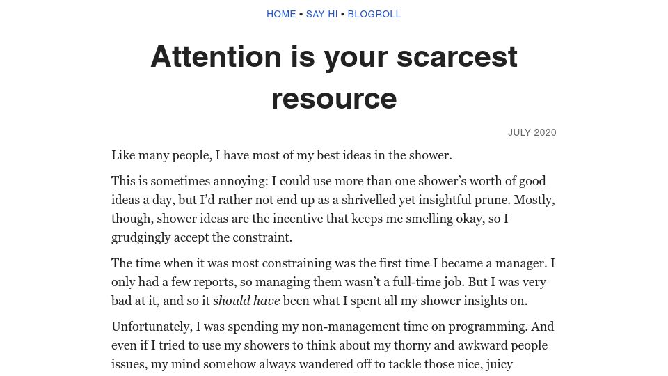Screenshot of benkuhn.net: Attention is your scarcest resource (2020)