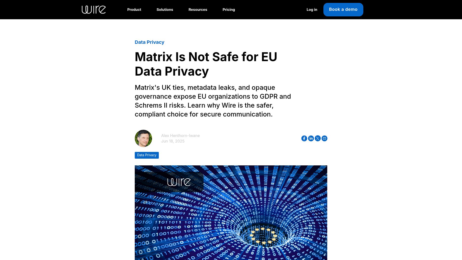 Screenshot of wire.com: Matrix Is Not Safe for EU Data Privacy