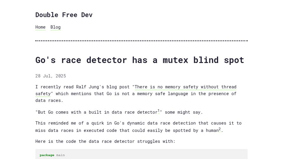 Screenshot of doublefree.dev: Go’s race detector has a mutex blind spot