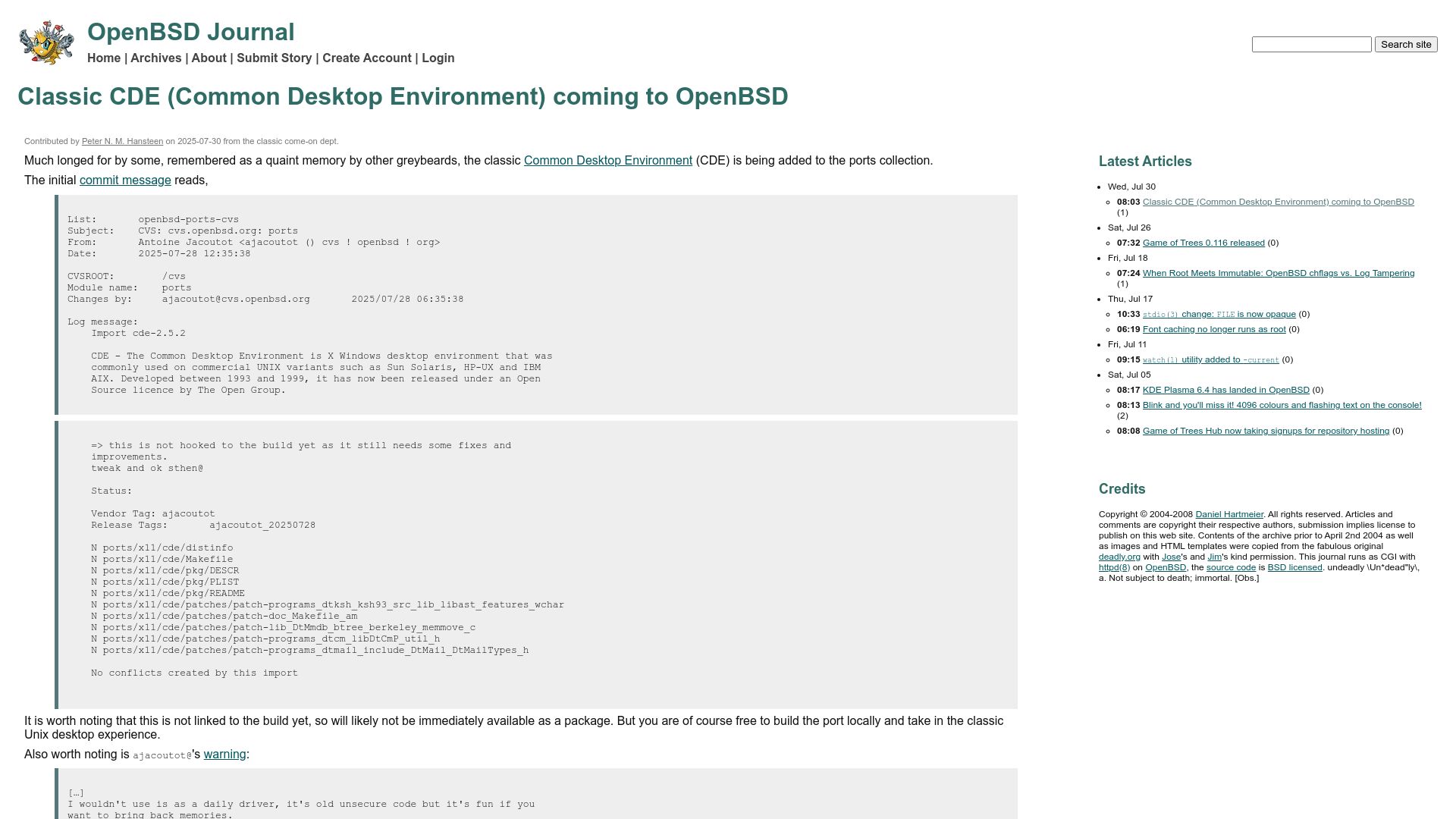 Screenshot of undeadly.org: Classic Common Desktop Environment coming to OpenBSD