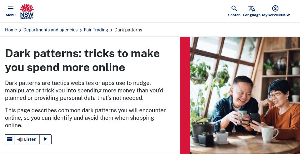 Screenshot of nsw.gov.au: Dark patterns