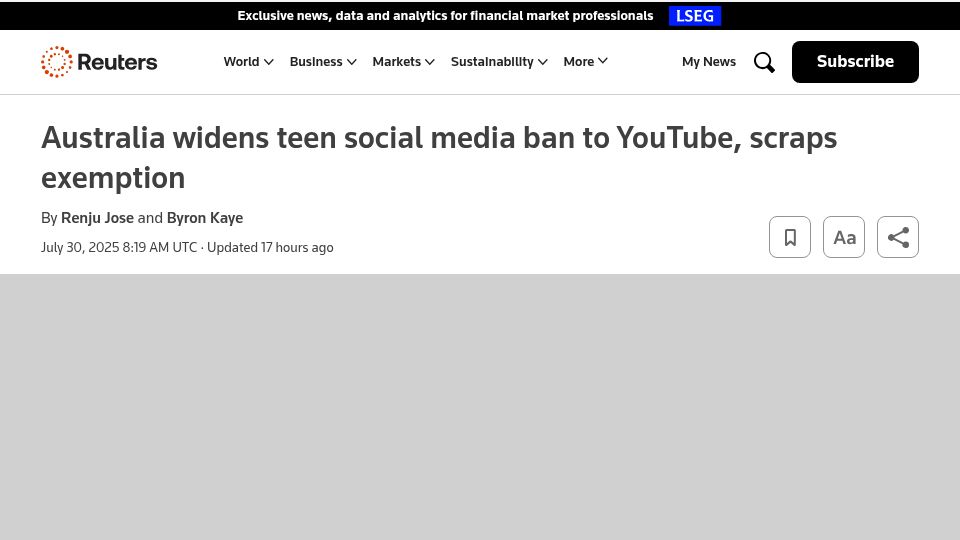 Screenshot of reuters.com: Australia widens teen social media ban to YouTube, scraps exemption
