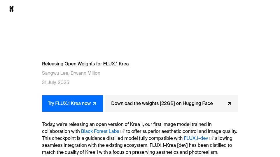Screenshot of krea.ai: Releasing weights for FLUX.1 Krea