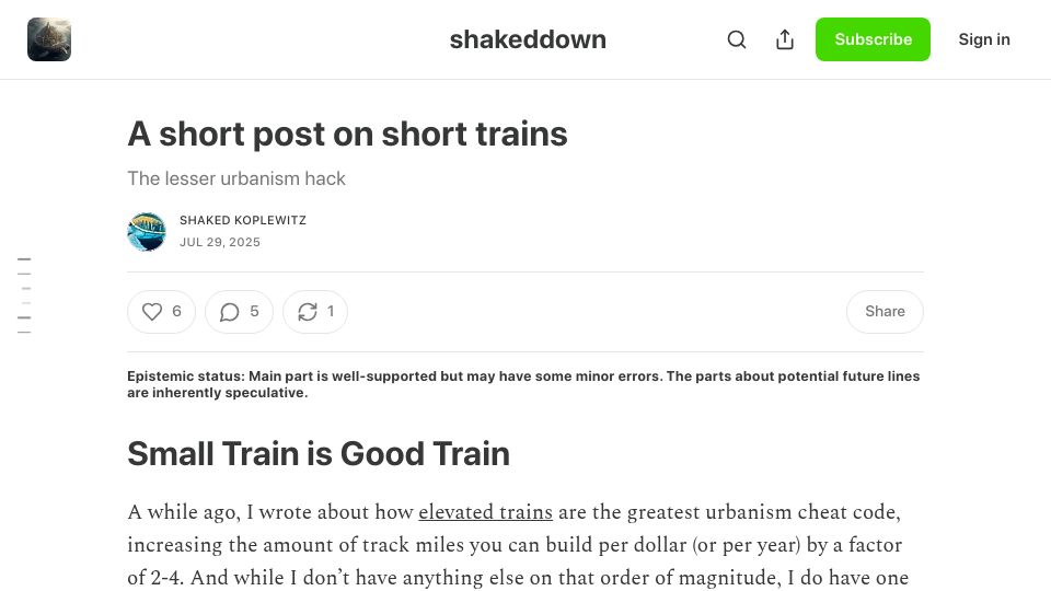 Screenshot of shakeddown.substack.com: A short post on short trains