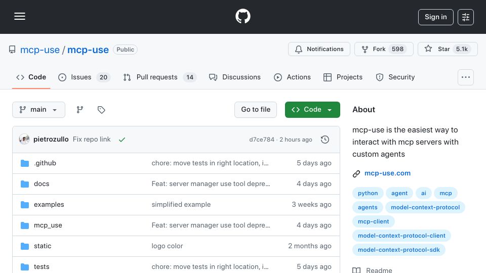 Screenshot of github.com: Show HN: Mcp-use – Connect any LLM to any MCP