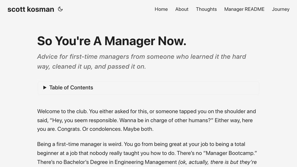 Screenshot of scottkosman.com: So you're a manager now