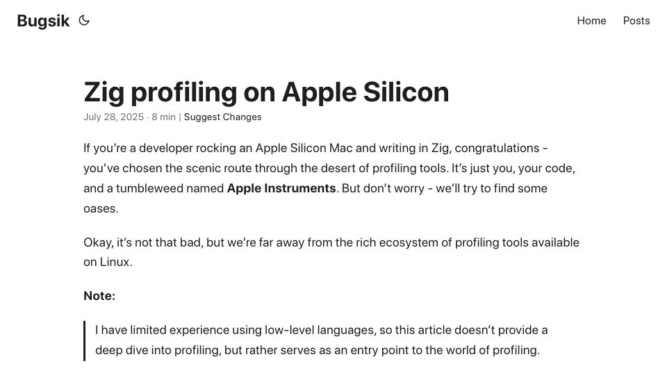 Screenshot of blog.bugsiki.dev: Zig Profiling on Apple Silicon