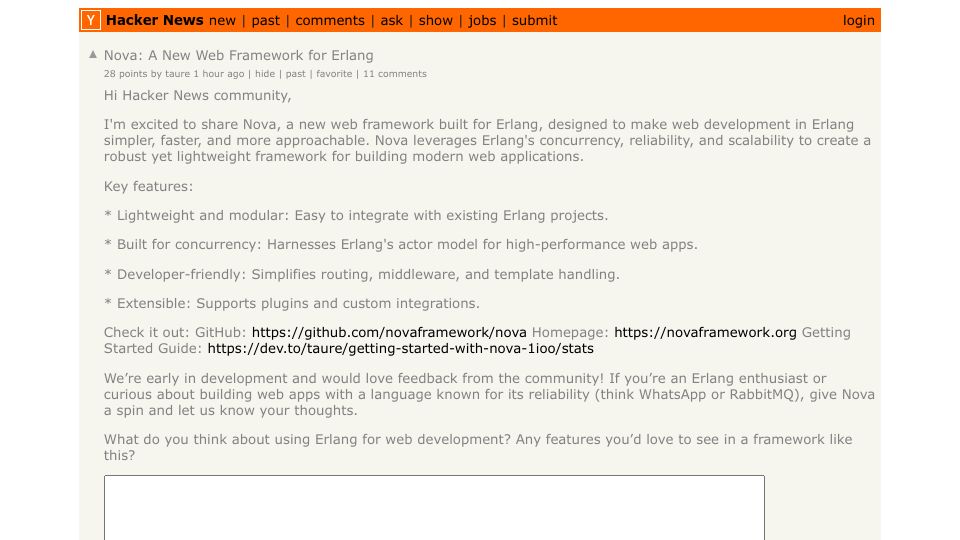 Screenshot of Hacker News post: Nova: A New Web Framework for Erlang
