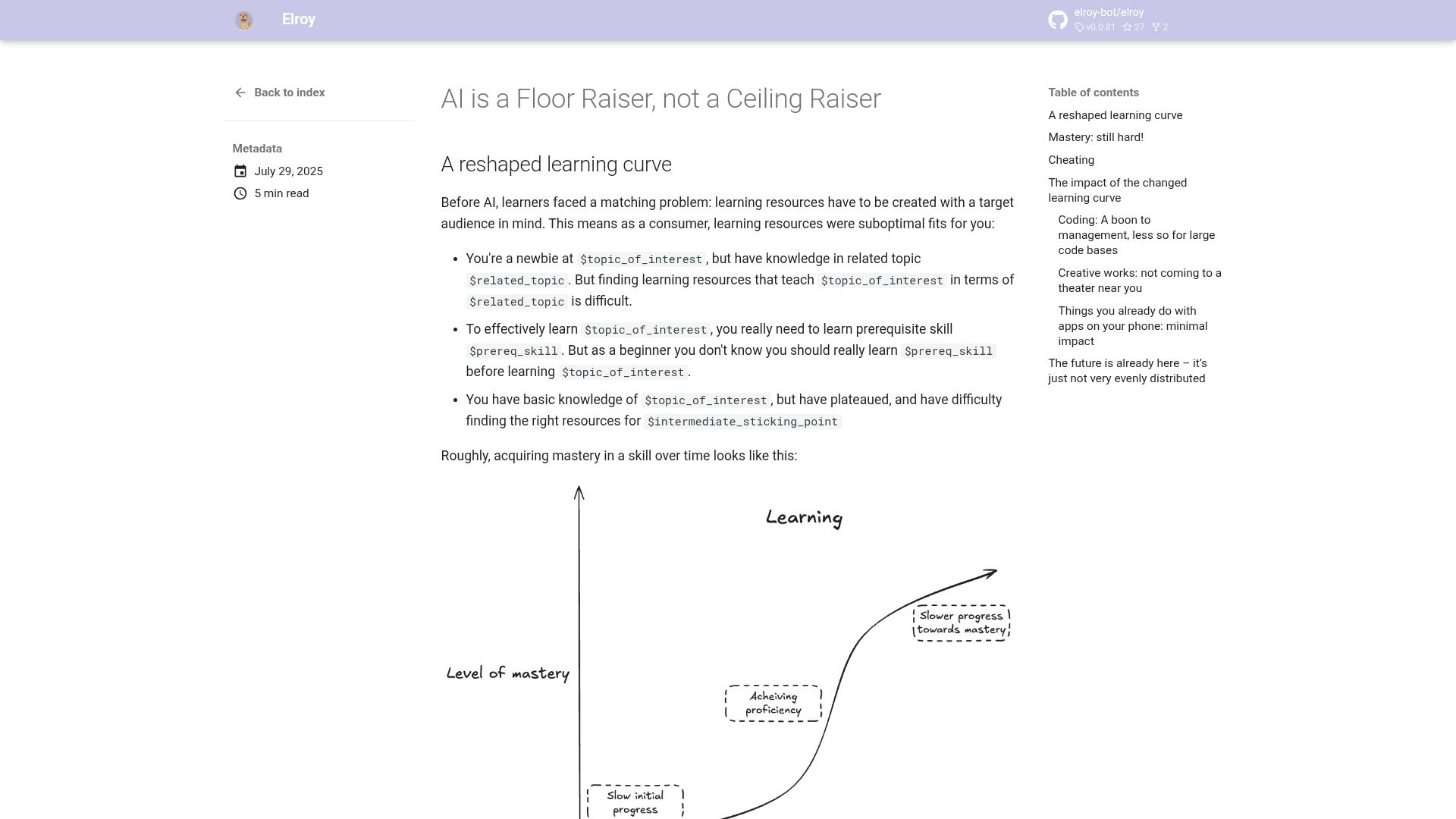 Screenshot of elroy.bot: AI is a floor raiser, not a ceiling raiser