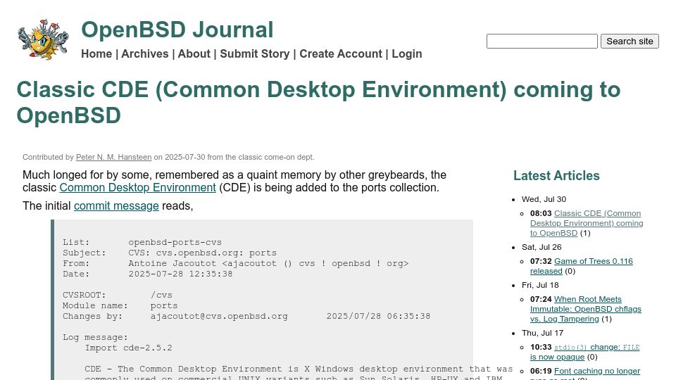 Screenshot of undeadly.org: Classic Common Desktop Environment coming to OpenBSD