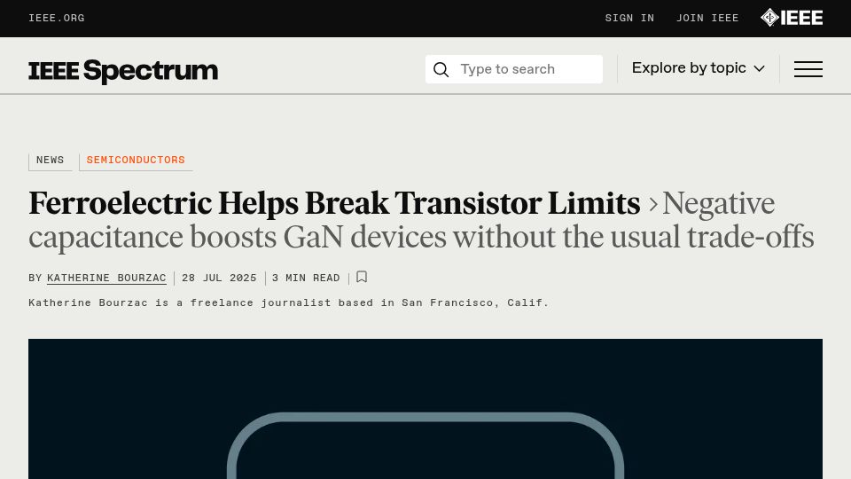 Screenshot of spectrum.ieee.org: Ferroelectric helps break transistor limits