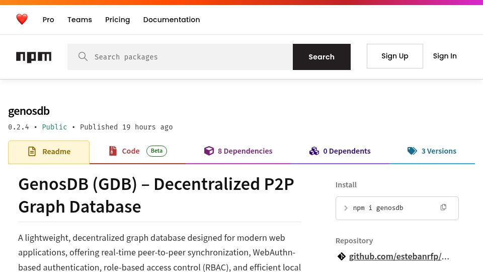 Screenshot of npmjs.com: GenosDB (GDB) – Decentralized P2P Graph Database