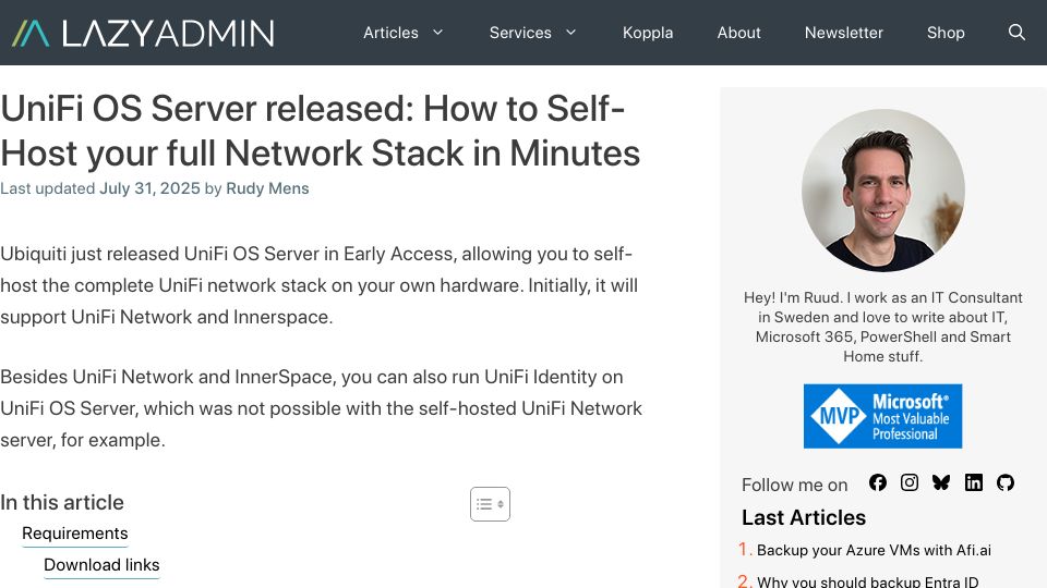 Screenshot of lazyadmin.nl: Ubiquiti launches UniFi OS Server for self-hosting