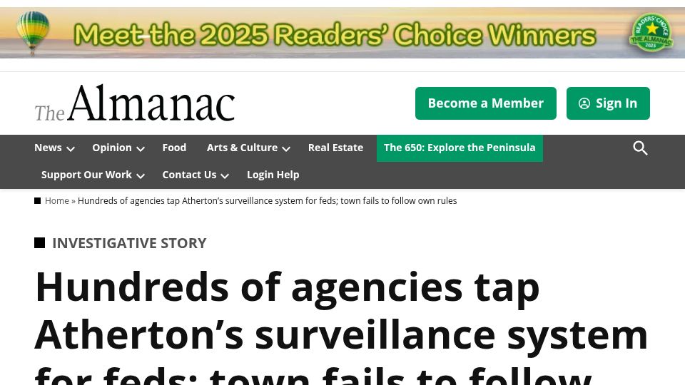Screenshot of almanacnews.com: Hundreds of agencies tap Atherton surveillance system for feds; Fails own rules