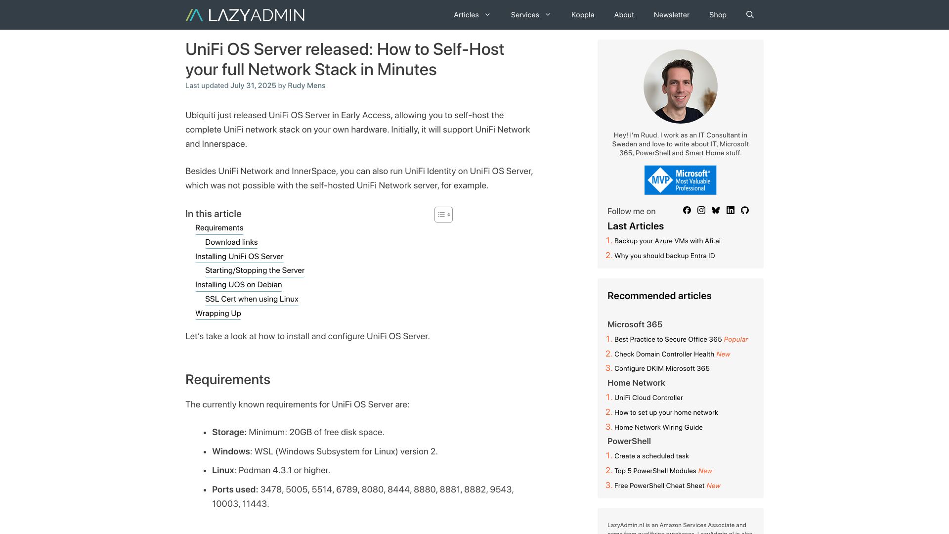 Screenshot of lazyadmin.nl: Ubiquiti launches UniFi OS Server for self-hosting