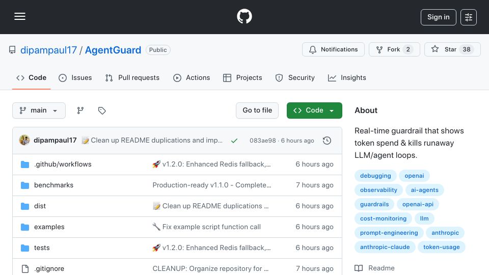 Screenshot of github.com: Show HN: AgentGuard – Auto-kill AI agents before they burn through your budget