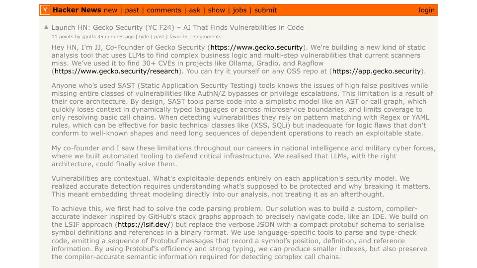 Screenshot of Hacker News post: Launch HN: Gecko Security (YC F24) – AI That Finds Vulnerabilities in Code