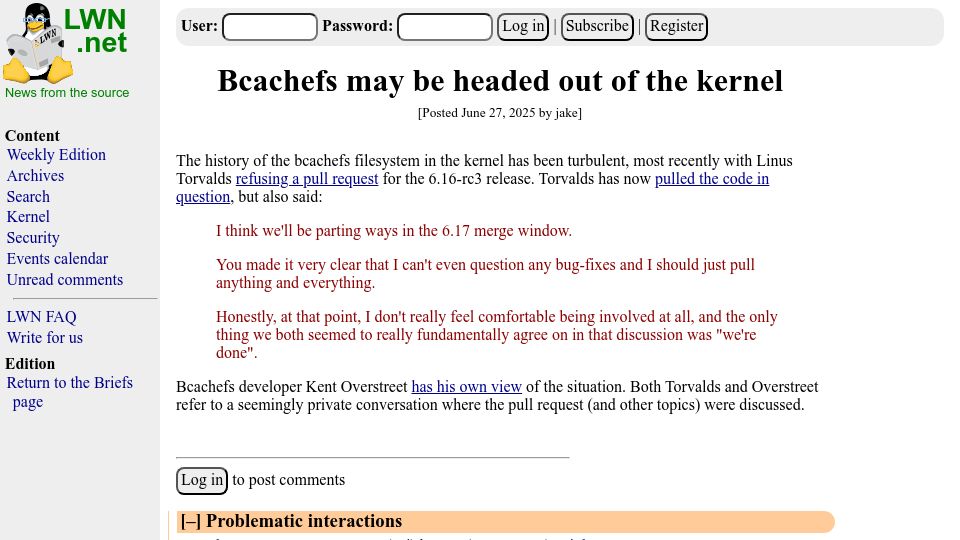 Screenshot of lwn.net: Bcachefs may be headed out of the kernel