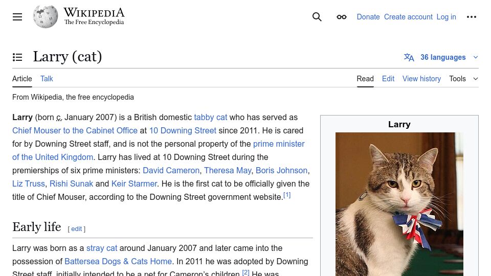 Screenshot of en.wikipedia.org: Larry (cat)
