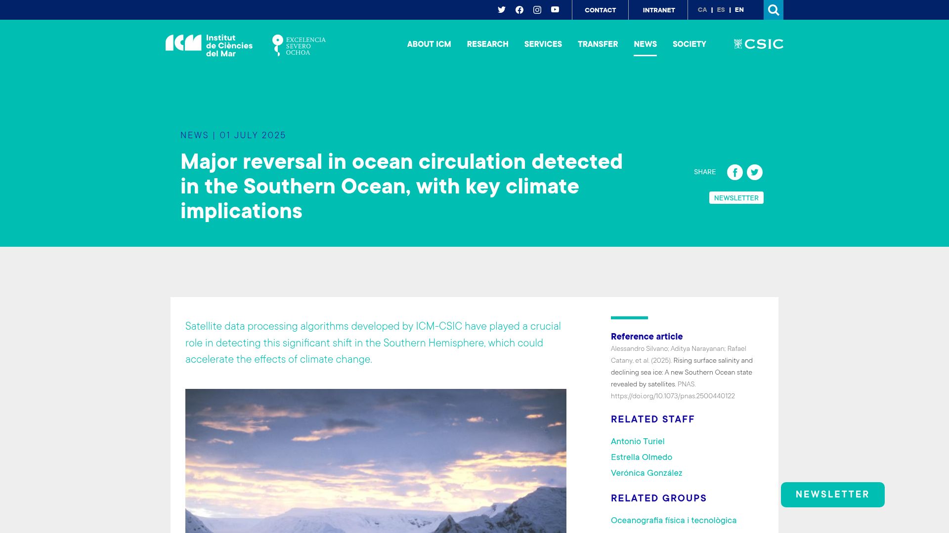 Screenshot of icm.csic.es: Major reversal in ocean circulation detected in the Southern Ocean