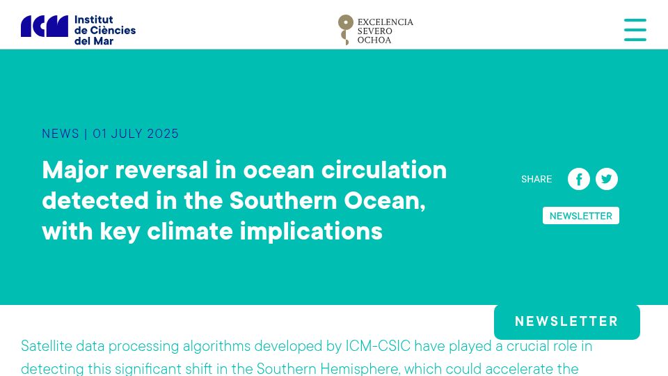 Screenshot of icm.csic.es: Major reversal in ocean circulation detected in the Southern Ocean