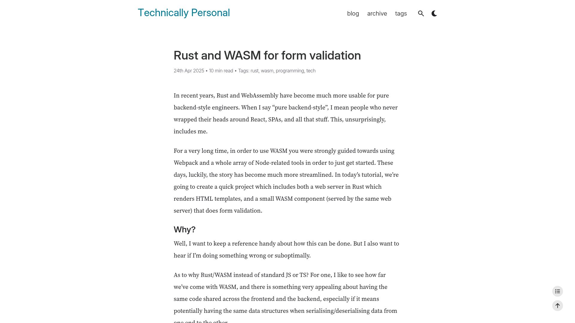 Screenshot of sebastian.lauwe.rs: Rust and WASM for Form Validation