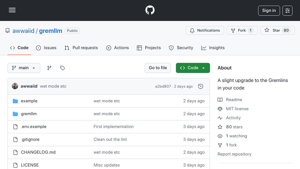 Screenshot of github.com: Gremllm