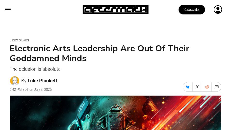 Screenshot of aftermath.site: Electronic Arts Leadership Are Out of Their Goddamned Minds
