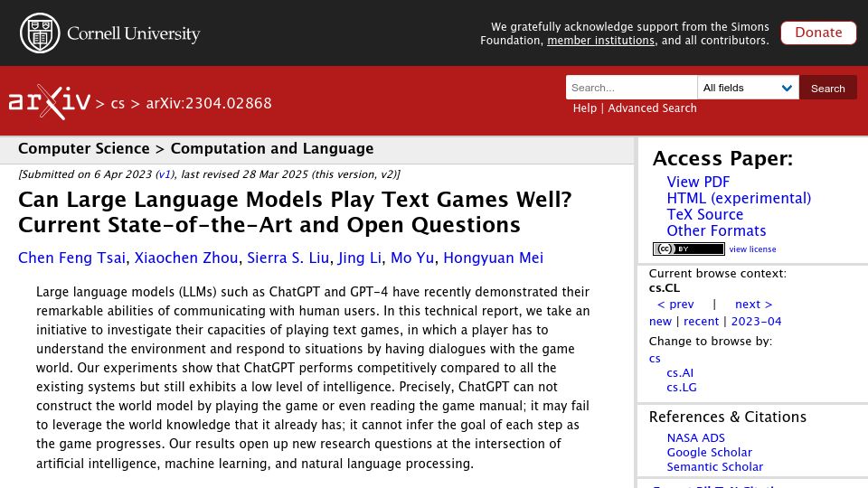 Screenshot of arxiv.org: Can Large Language Models Play Text Games Well? (2023)
